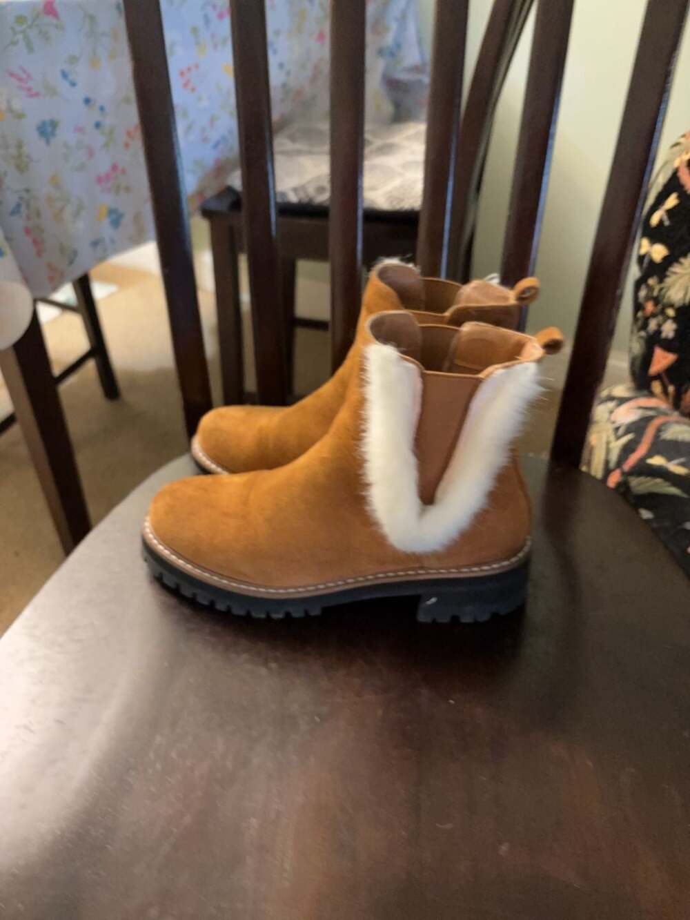 Unbranded Tan Suede Faux Fur Trim Chelsea Boots Size 7